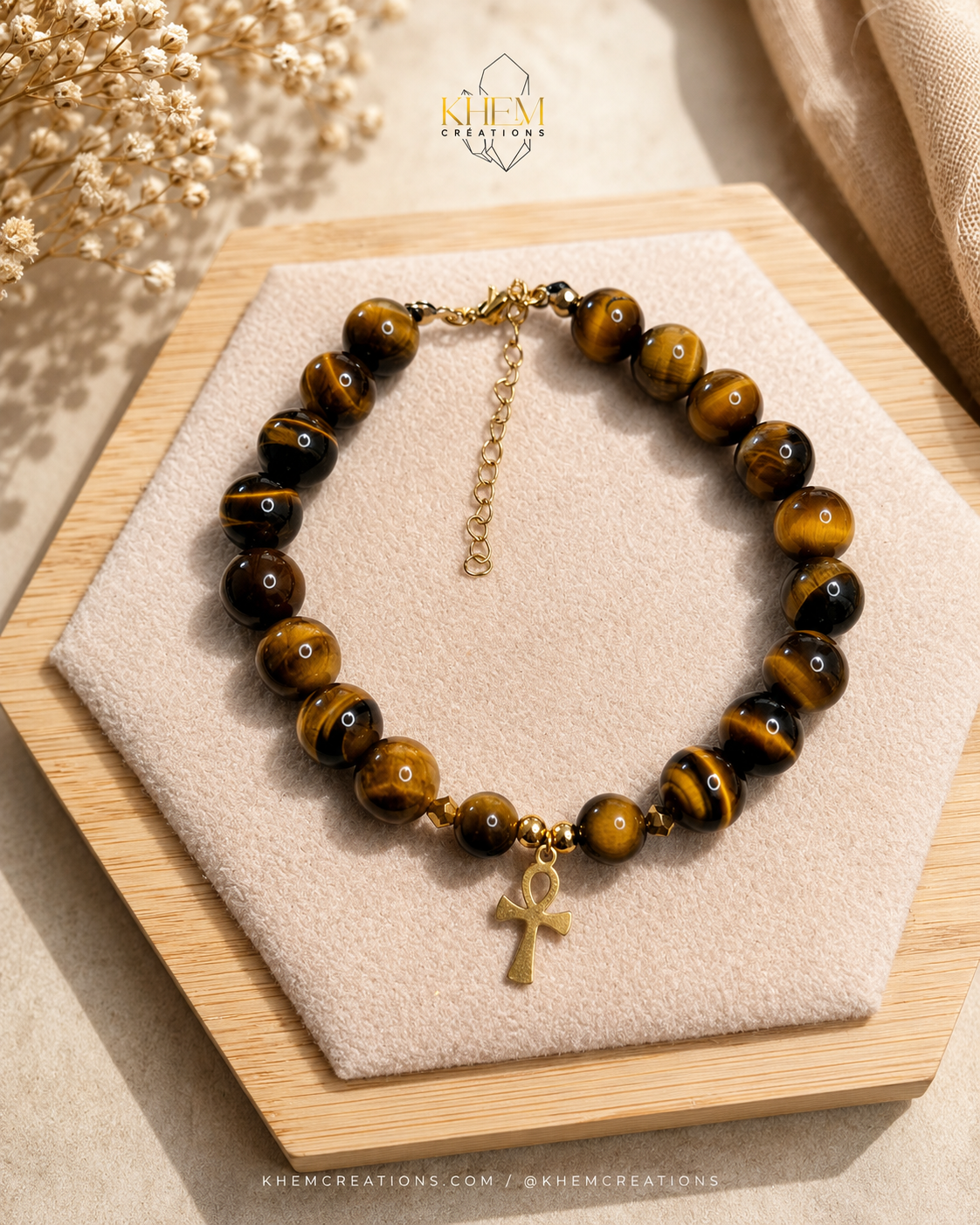 Bracelet homme Ankh Solar - œil de tigre et acier inoxydable