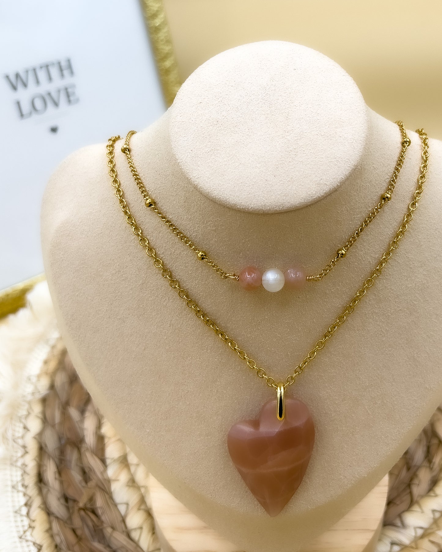 Collier 2 en 1 KHONSOU – Pierre de Lune Rose & Acier Doré Inoxydable