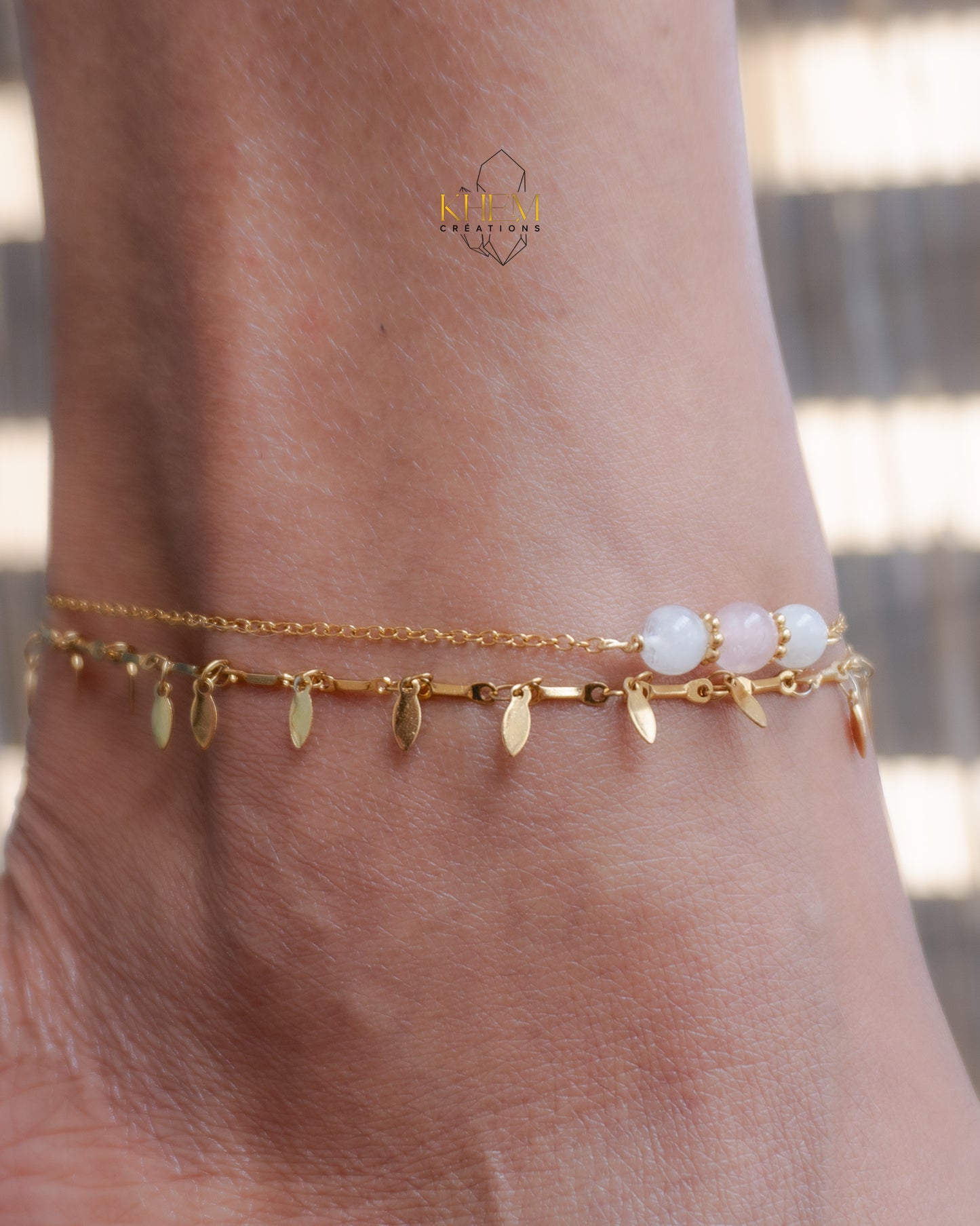 Chevillère Double – Pierre de Lune & Quartz Rose (19 cm + 5 cm)