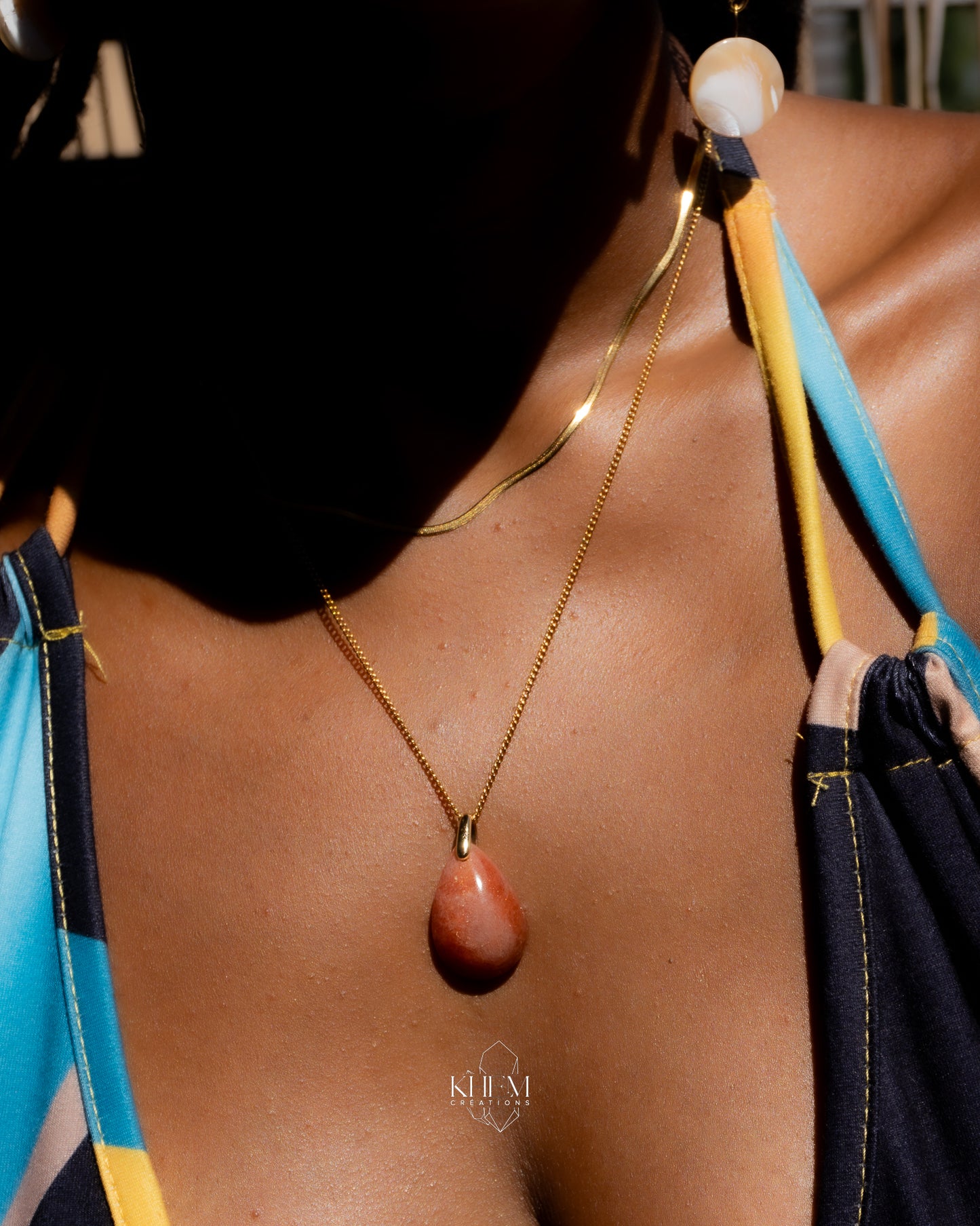 Collier Double Râ en Pierre de Soleil & Acier Inoxydable (45 cm + 5 cm)