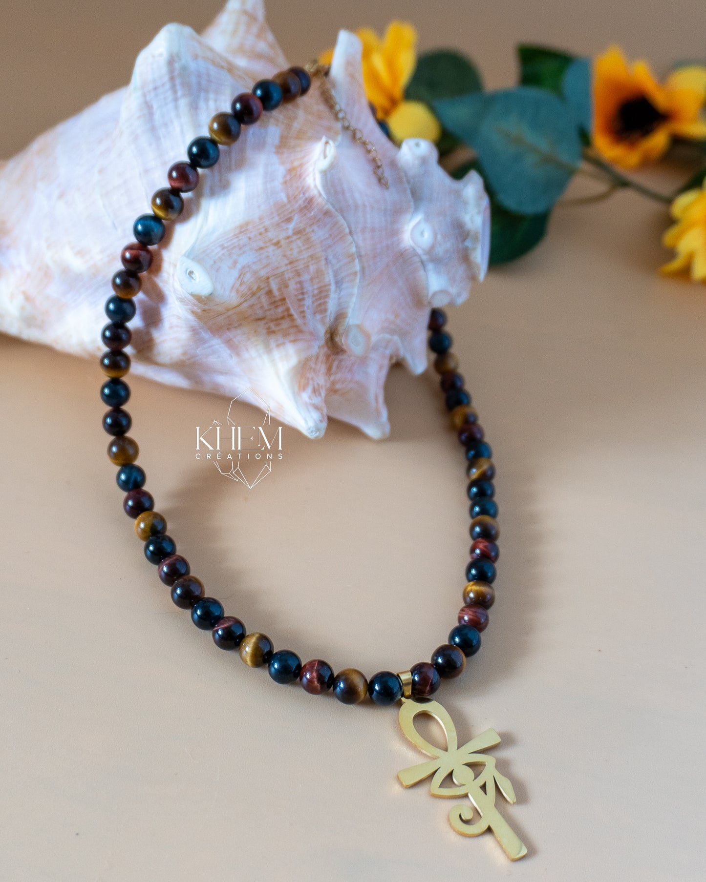 Collier Homme Protection – Croix Ankh & Trio d'Œil (Œil de Faucon, Œil de Taureau, Œil de Tigre) & Acier Doré Inoxydable