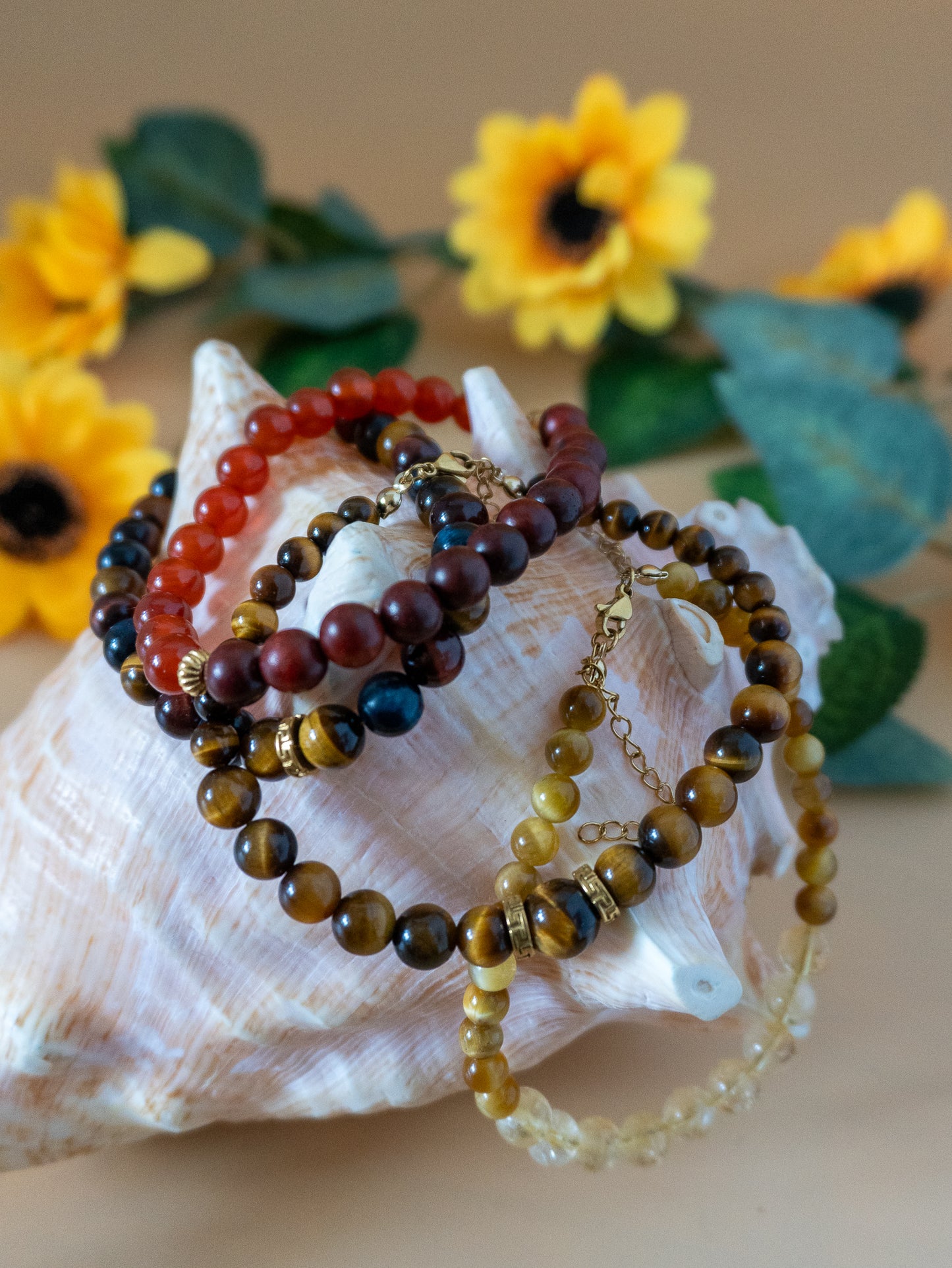 Bracelets Homme acier au choix - Cornaline/bois-Oeil de Tigre/citrine- 3 oeils