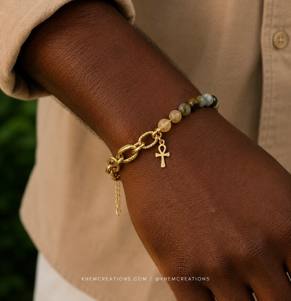 Bracelet homme Ankh Guardian en Serpentine, Citrine + Chaîne Forçat en Acier Inoxydable