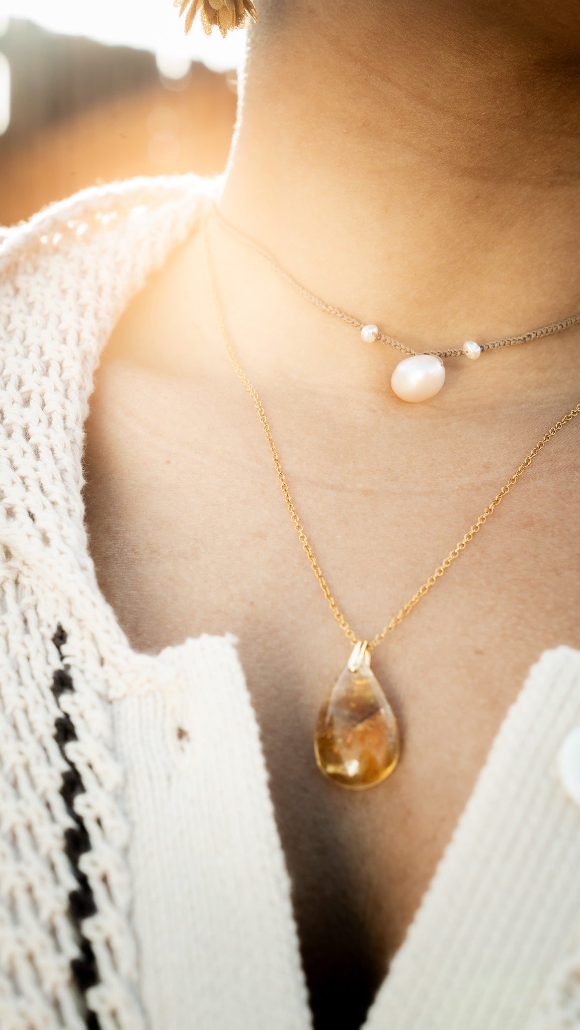 OYA Citrine et Perle d'eau douce Collier double