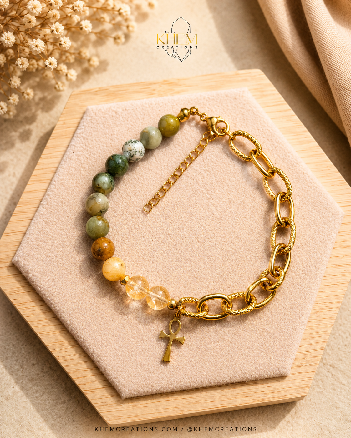 Bracelet homme Ankh Guardian en Serpentine, Citrine + Chaîne Forçat en Acier Inoxydable