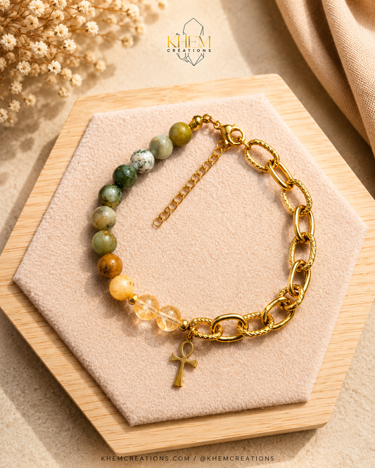 Bracelet homme Ankh Guardian en Serpentine, Citrine + Chaîne Forçat en Acier Inoxydable