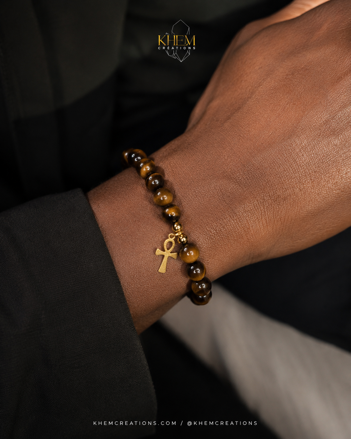 Bracelet homme Ankh Solar - œil de tigre et acier inoxydable