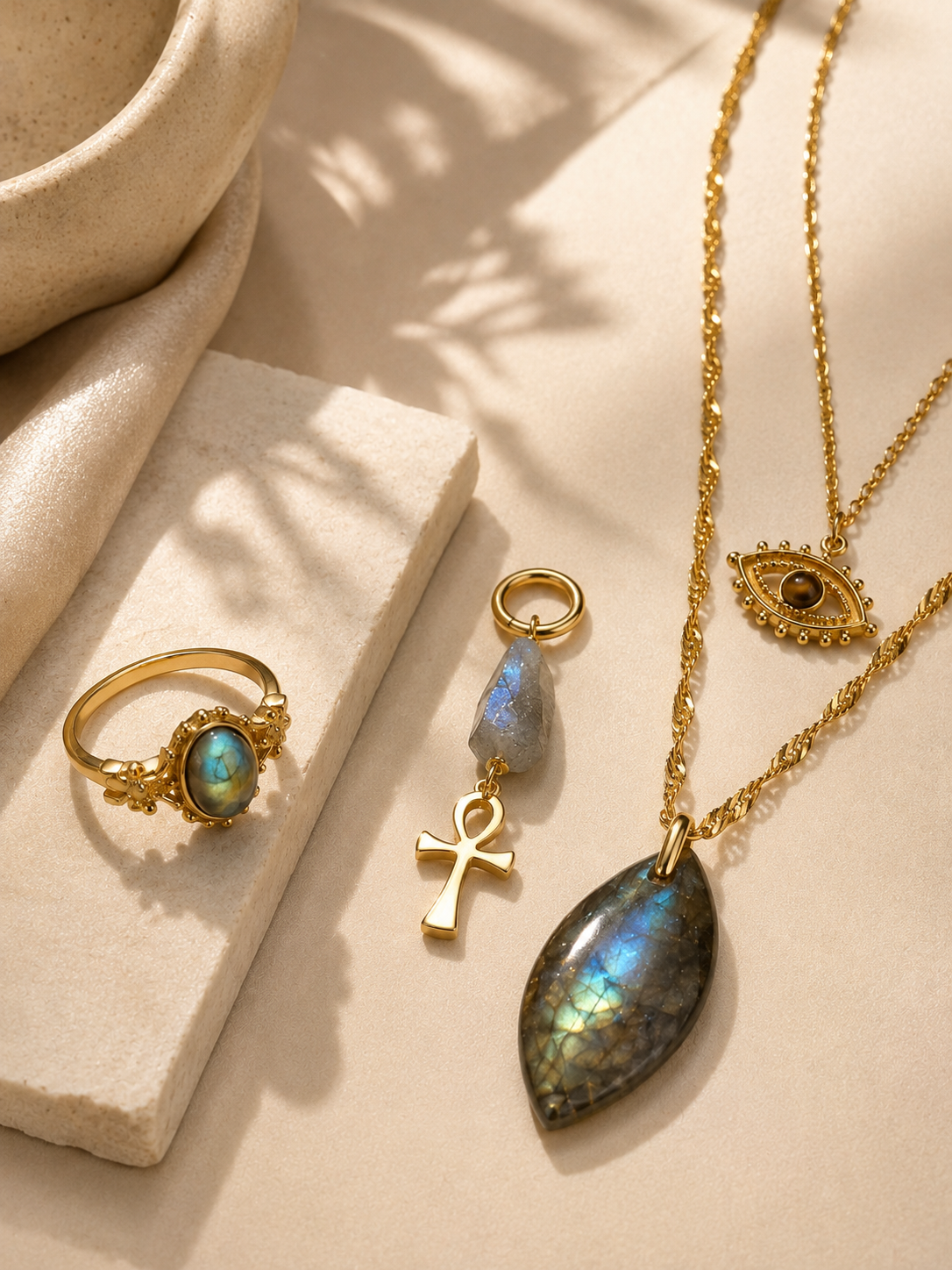 Collier Double JICHO en Oeil de tigre/Labradorite