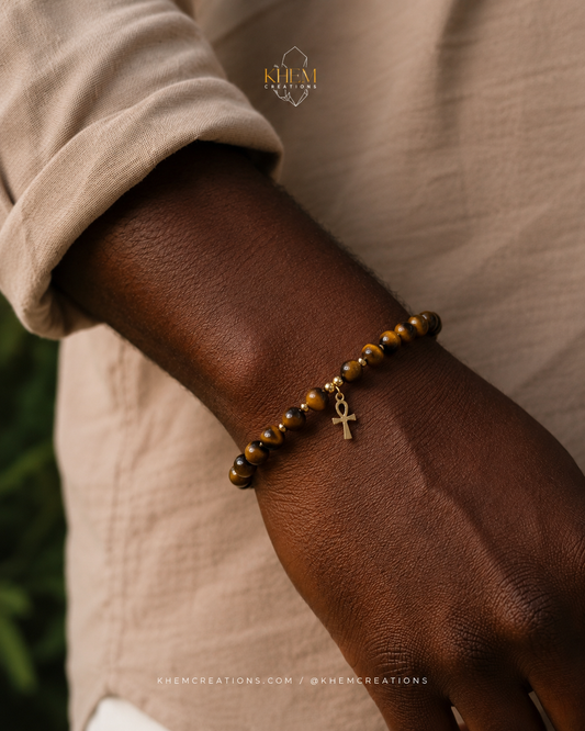 Bracelet homme Ankh Solar - œil de tigre et acier inoxydable