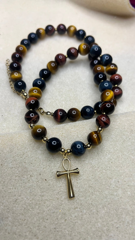 Collier Homme 3 Œils & Croix Ankh - Force, Protection & Vision intérieure (50 cm)