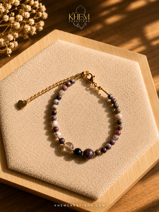 Bracelet Bouclier Sacré – Tourmaline Rose & Acier Inoxydable