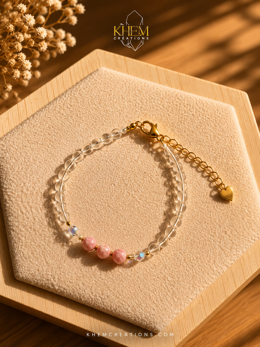 Bracelet Sélènya – Rhodocrosite, Cristal de Roche & Acier Inoxydable