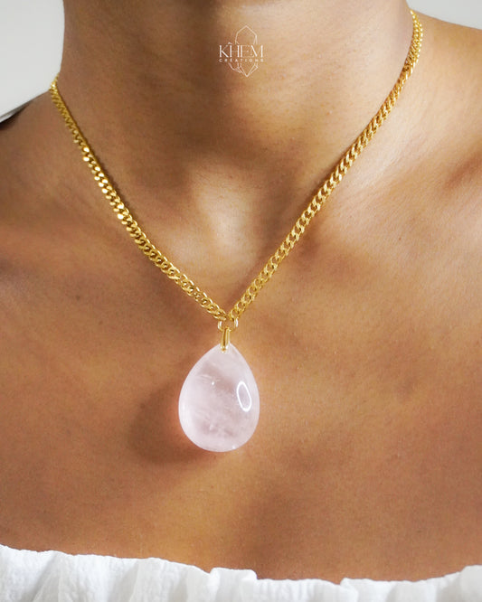 Collier Goutte en Quartz Rose – Amour & Douceur (45 cm) | Acier Inoxydable