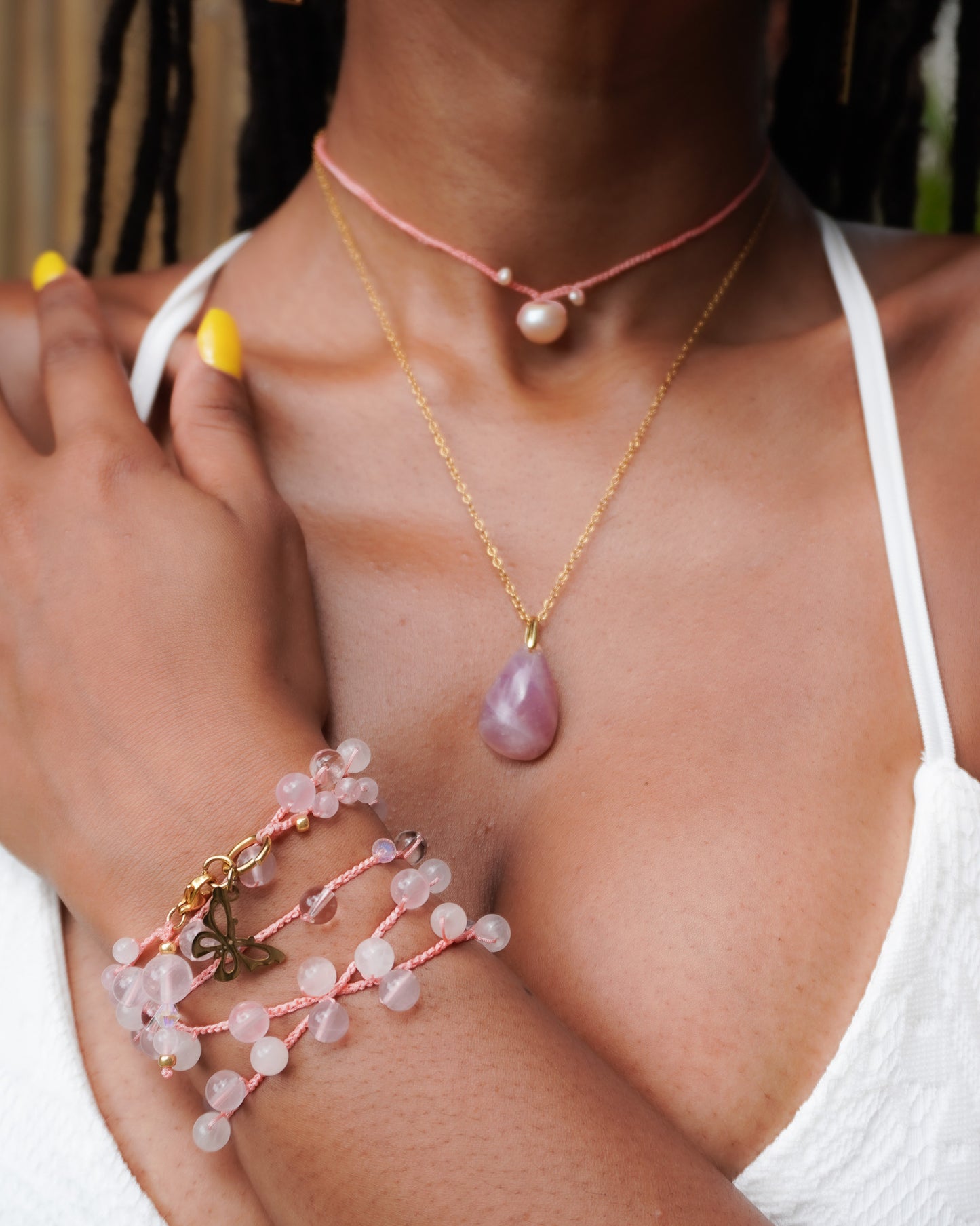 OYA Quartz-Rose et Perle d'eau douce Collier double