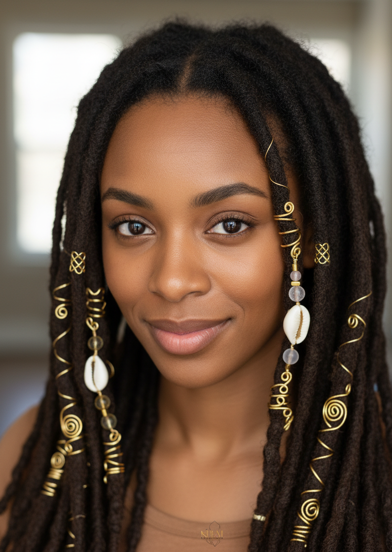 Bijoux de locks double spirales : cauris & pierres naturelles au choix