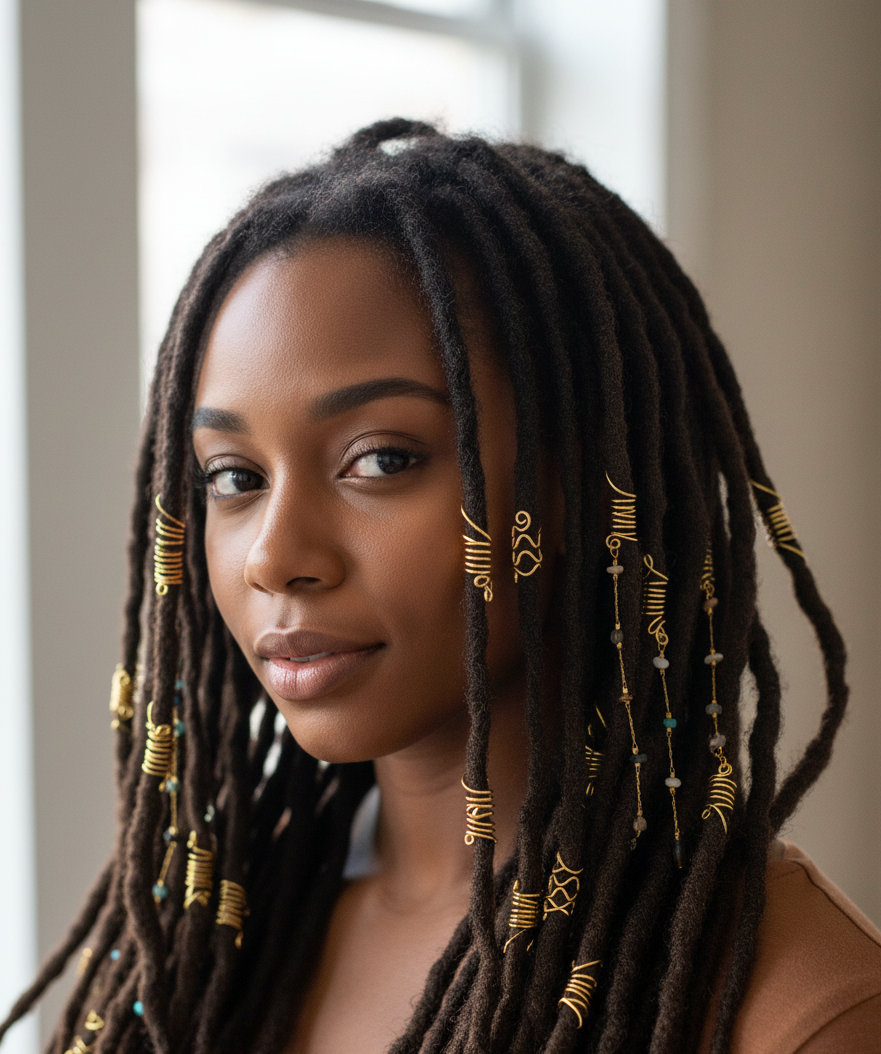 Bijoux de locks double spirales énergétiques – pierres naturelles au choix (Œil de Tigre, Howlite, Turquoise, Mix)