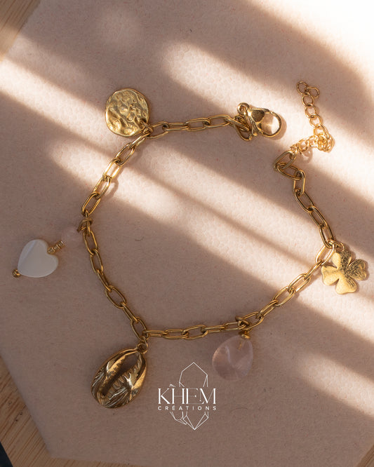 Bracelet LOAMOUR en quartz-rose et Breloque en acier inoxydable