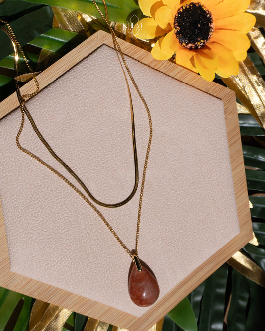 Collier Double Râ – Pierre de Soleil & Acier Inoxydable (45 cm + 5 cm)