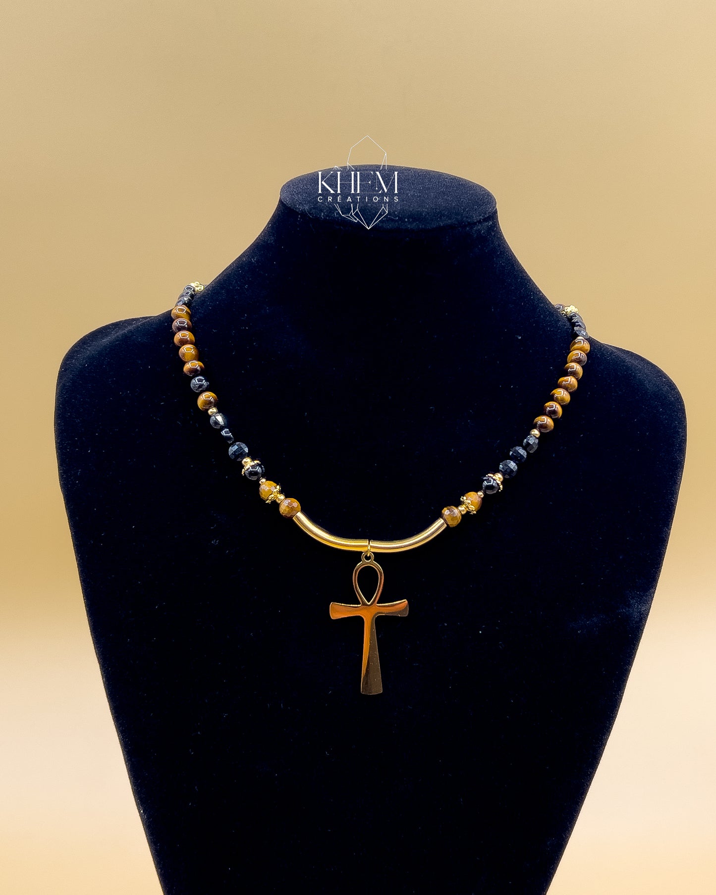 Collier ANKH en Oeil de Tigre et Tourmaline noire