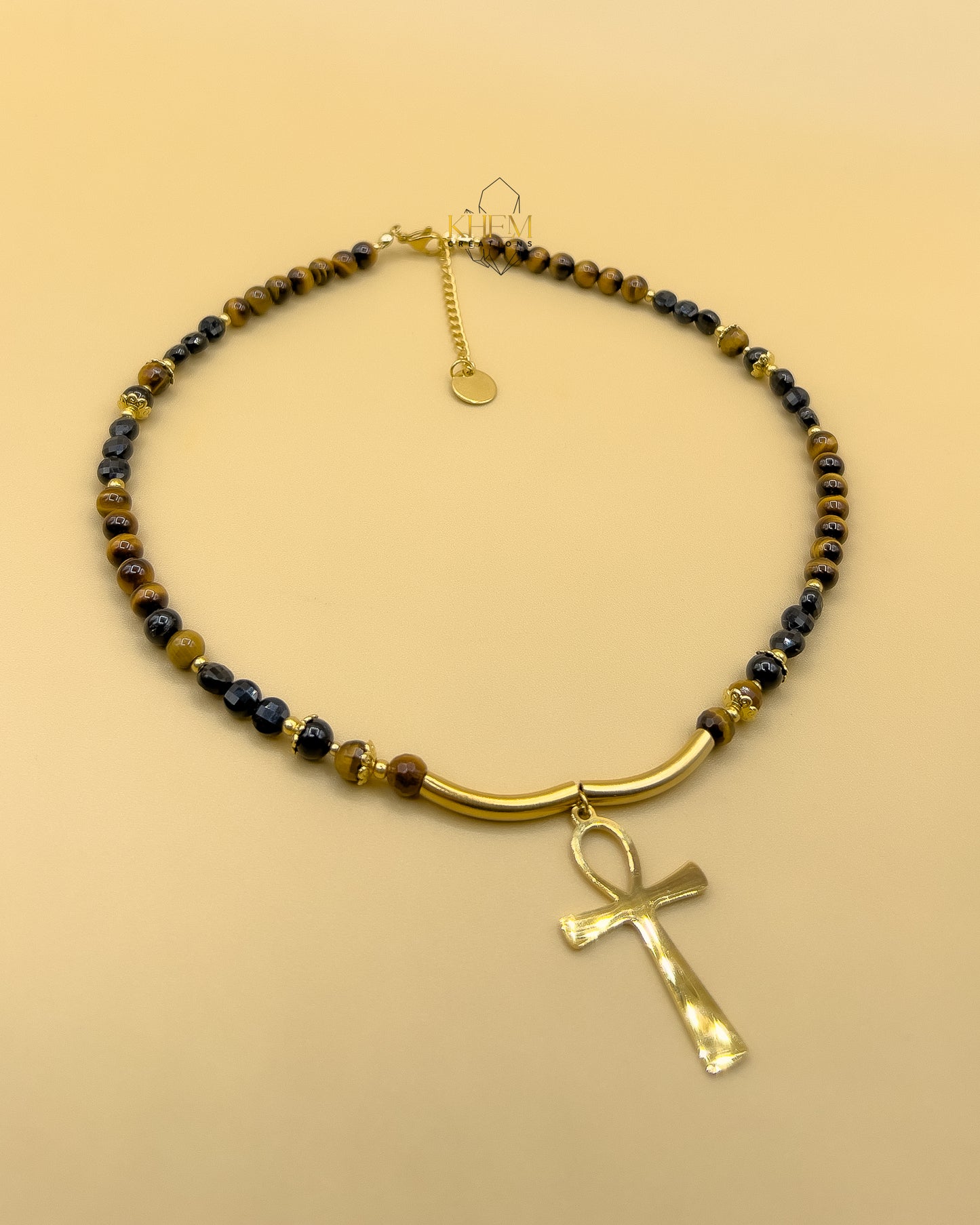 Collier ANKH en Oeil de Tigre et Tourmaline noire