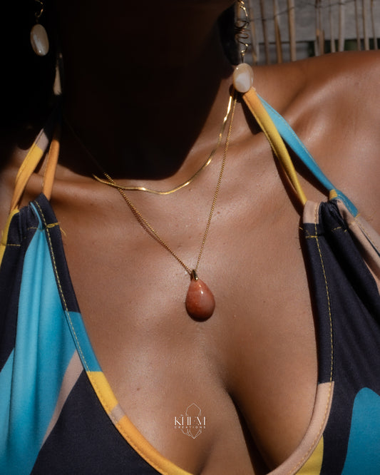 Collier Double Râ en Pierre de Soleil & Acier Inoxydable (45 cm + 5 cm)
