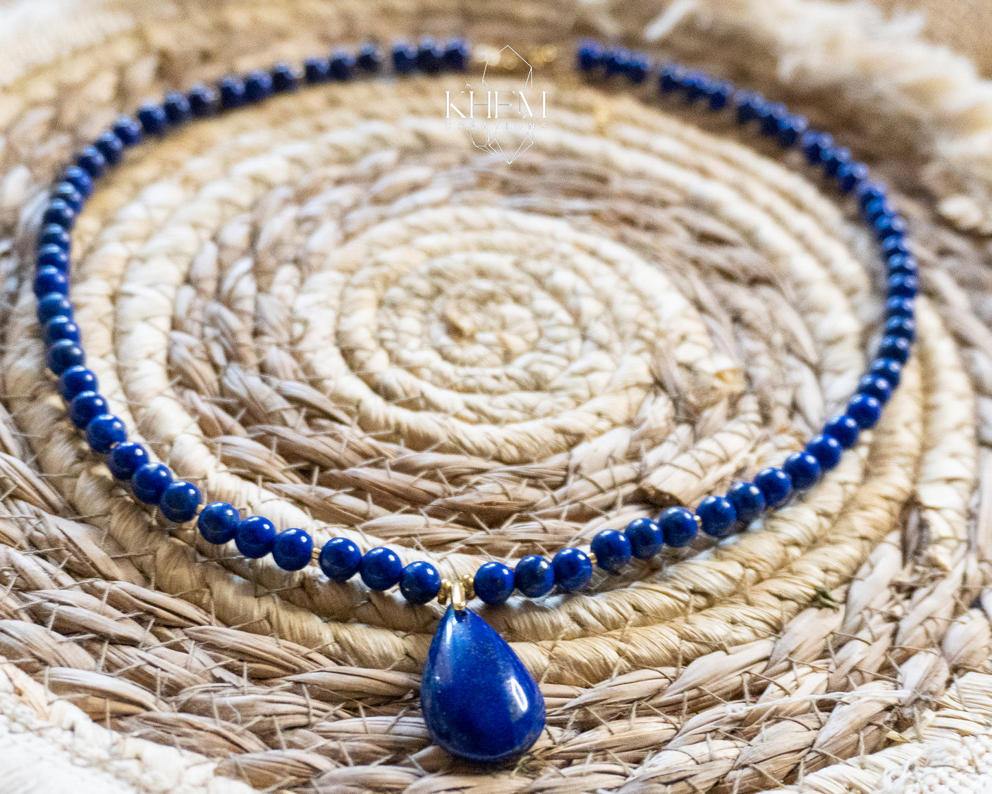 Collier Homme Création – Lapis Lazuli et Acier Doré Inoxydable (50 cm)