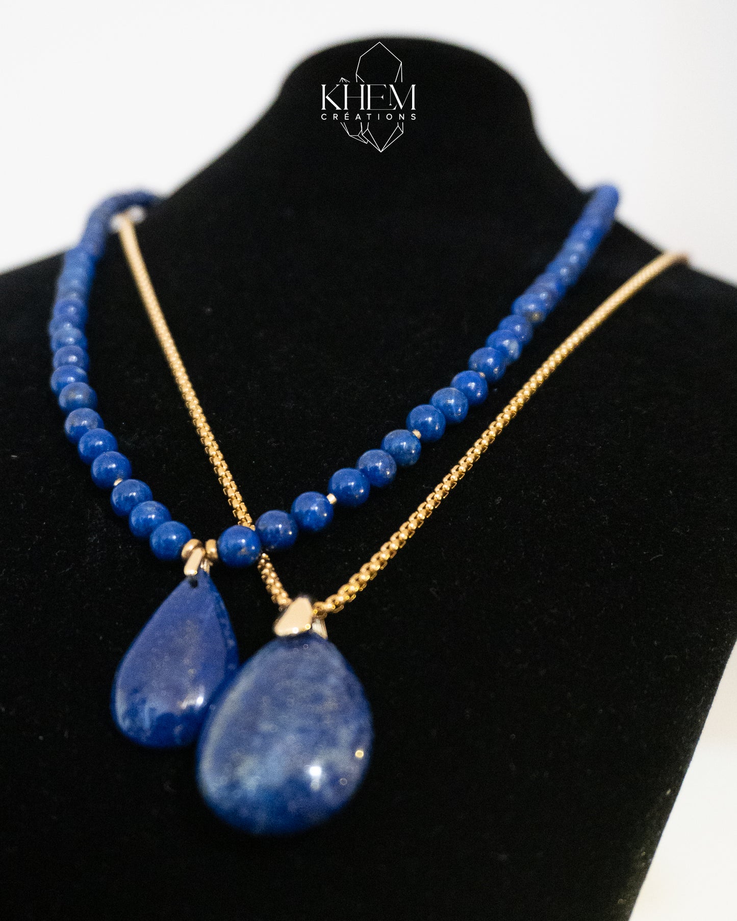 Collier Homme Création – Lapis Lazuli et Acier Doré Inoxydable (50 cm)