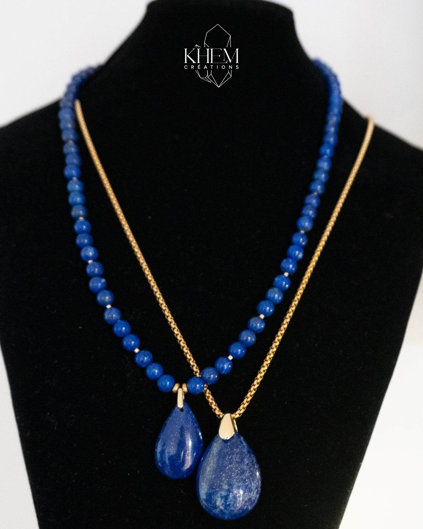 Collier Homme Création – Lapis Lazuli et Acier Doré Inoxydable (50 cm)