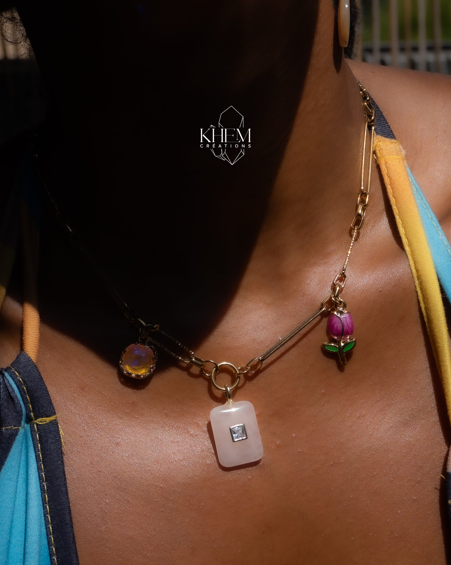 Collier Rosa d’Or en Quartz rose & Breloque en acier inoxydable