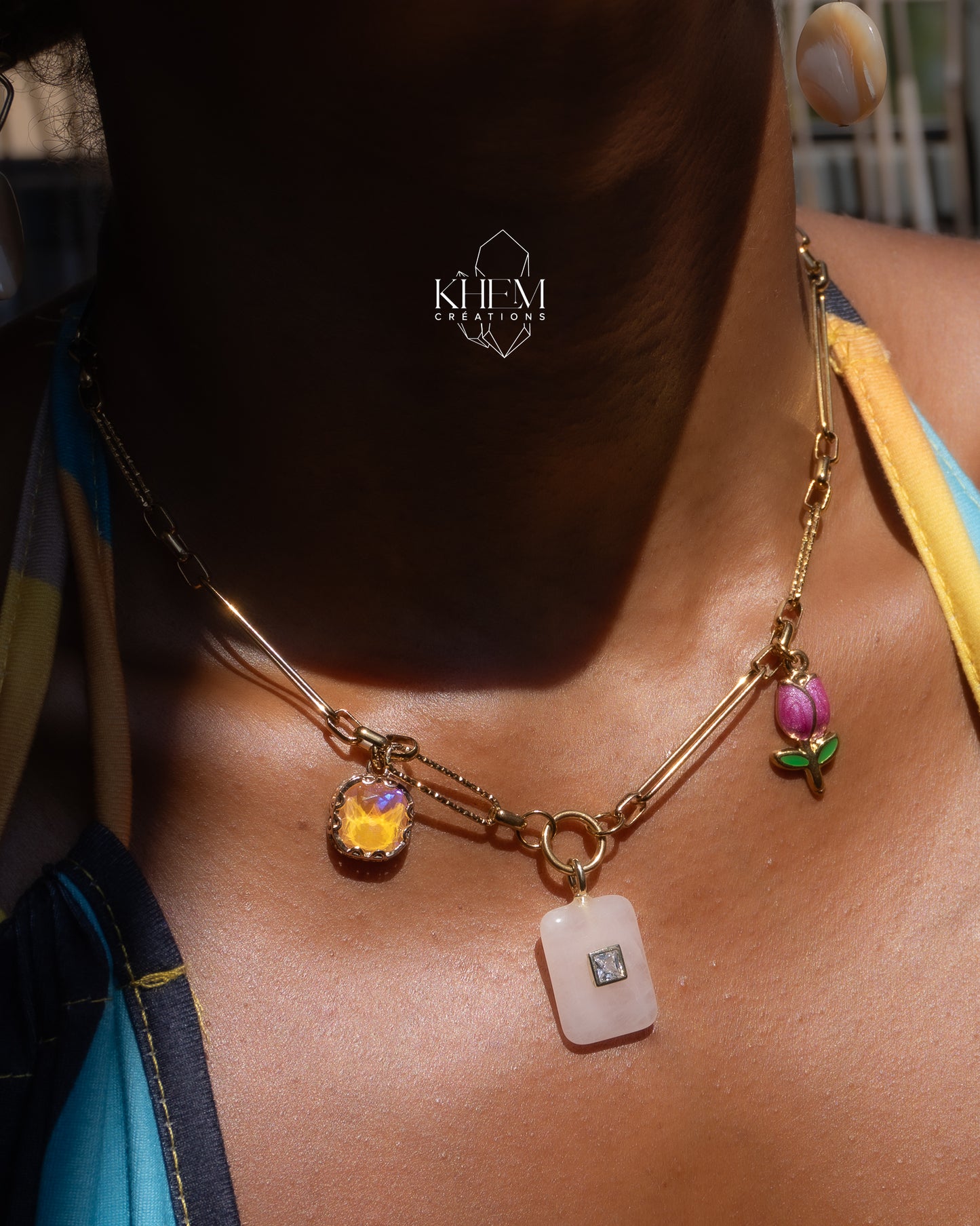 Collier Rosa d’Or en Quartz rose & Breloque en acier inoxydable